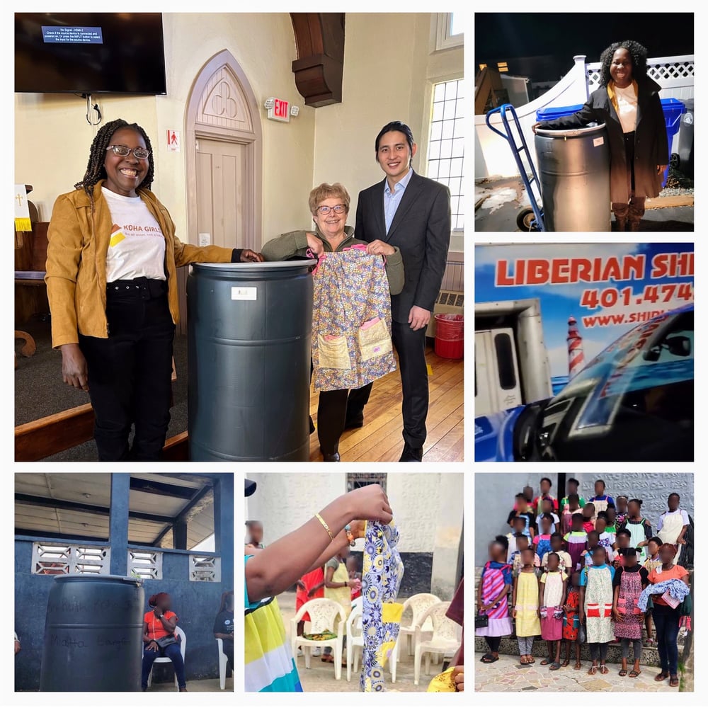 In the photo, Ruth Koha James (Koha Girls, Inc.), Dr. Gloria Moran  (Dress A Girl Bridgewater, MA. UMC), and Rev.  David Shim ( Pastor Bridgewater, MA. UMC) are in the top left, and girls and leaders from Girls Auxiliary (GA) Effort Baptist Church Liberia are in the bottom right